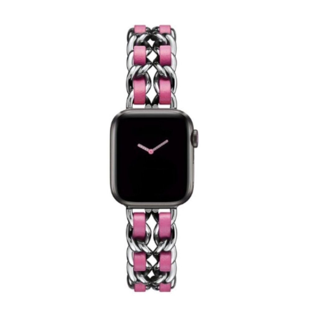 NEW Strap Silver PINK Chain Leather Stainless Band For Apple Watch